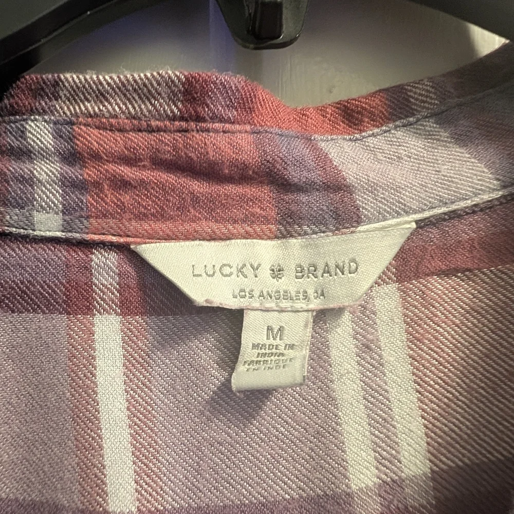 Upcycle Lucky Brand Medium Dip Bleach Flannel Shirt w/ Butterfly Bling 17" P2P - Picture 10 of 11